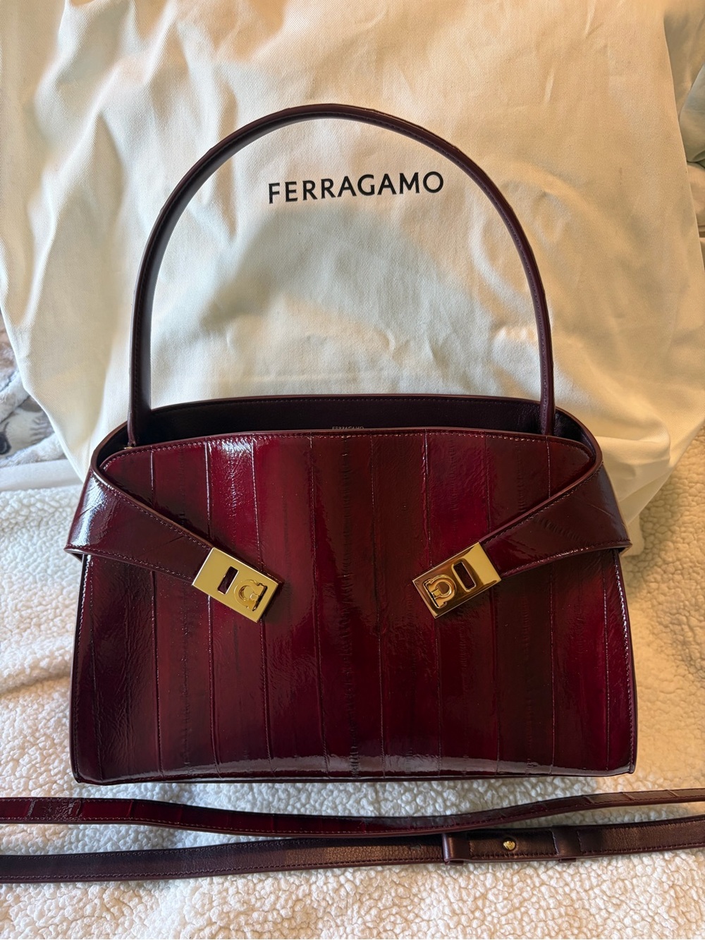 Salvatore Ferragamo Deep Burgundy Patent Shoulder Bag with Gold Hardware - Picture 4 of 14